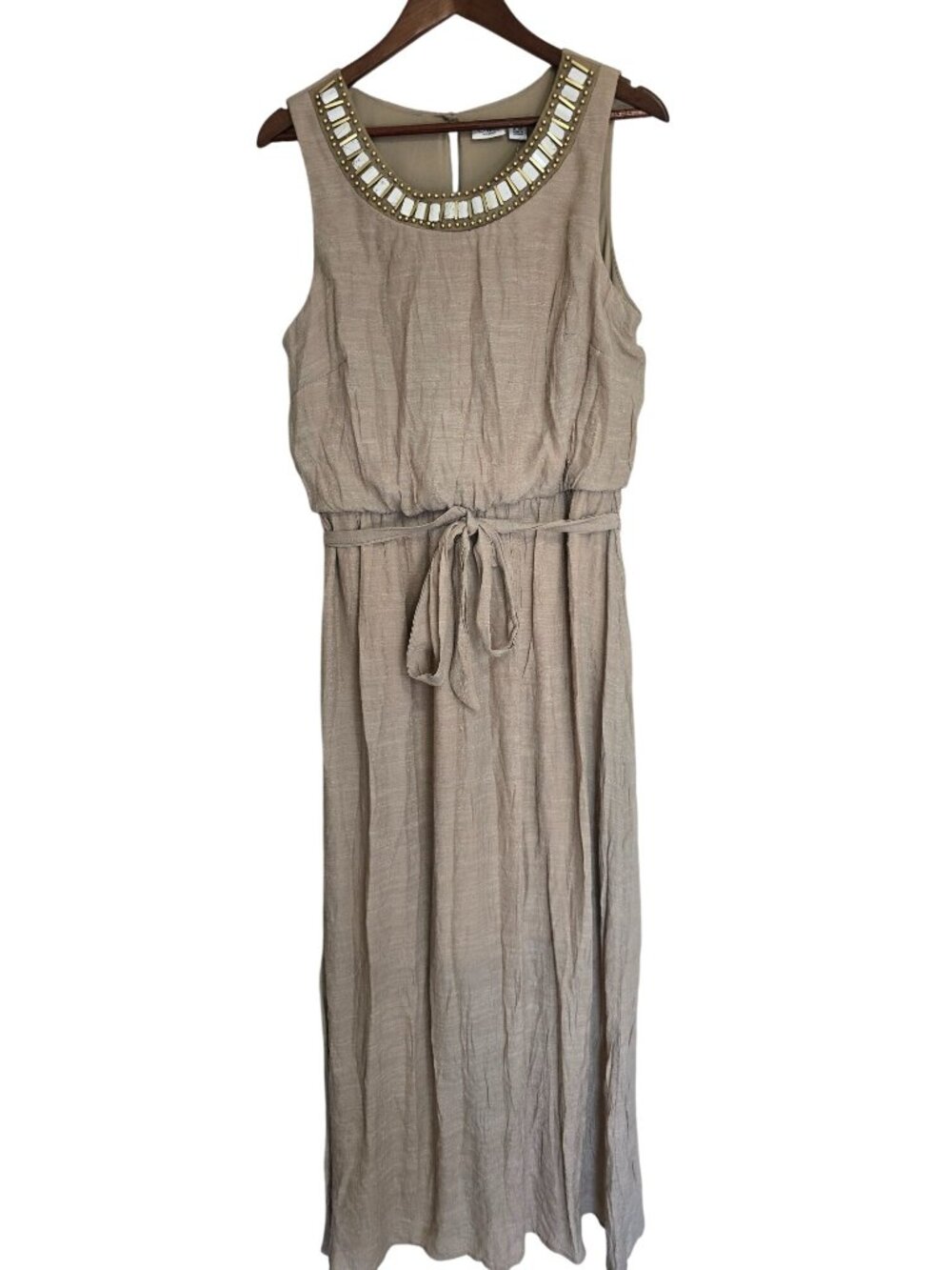 NEW Cato Woman 14/16W Beige Embellished Neck Sleeveless Maxi Dress